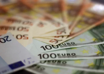 Closeup pile euro banknotes