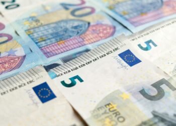 Detailed view of 5 and 20 euro banknotes showcasing European currency design.