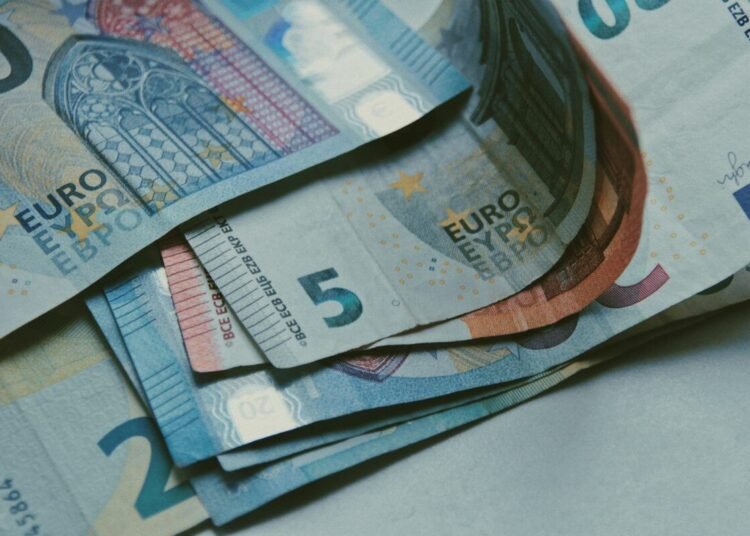 Detailed close-up of various Euro banknotes on a white surface, perfect for finance-related content.