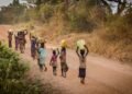 group of people walking at the road carrying containers